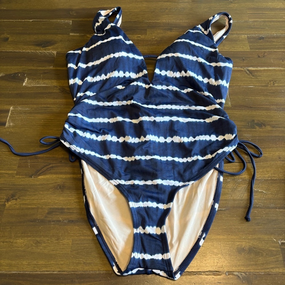 Plus Size Tie Dye Side Tie One Piece Deep V Ruching Flattering 1X Stripe